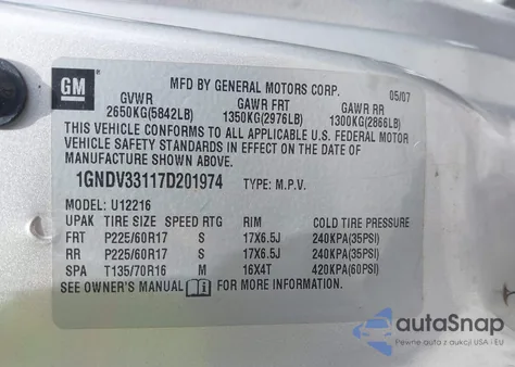 2007 Chevrolet Uplander Lt z USA, uszkodzony, nr VIN 1GNDV33117D201974